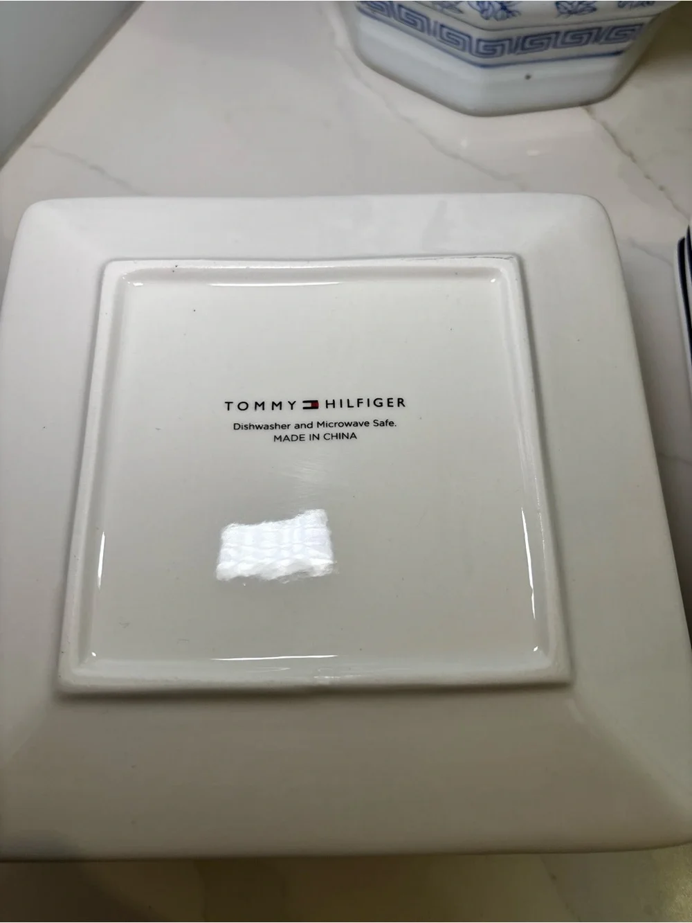 Tommy Hilfiger Square Appetizer 4 Plate Set Red White Blue Striped Ceramic 7”